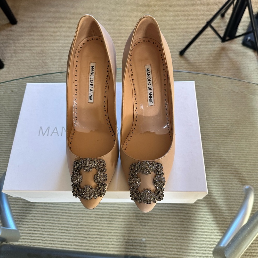 Manolo Blahnik Tan Heels with Ornate Embellishments